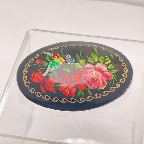 Hand-Painted Russian Floral Oval Brooch Pin 2 1/4'' Colorful Artsy - Picture 2 of 7